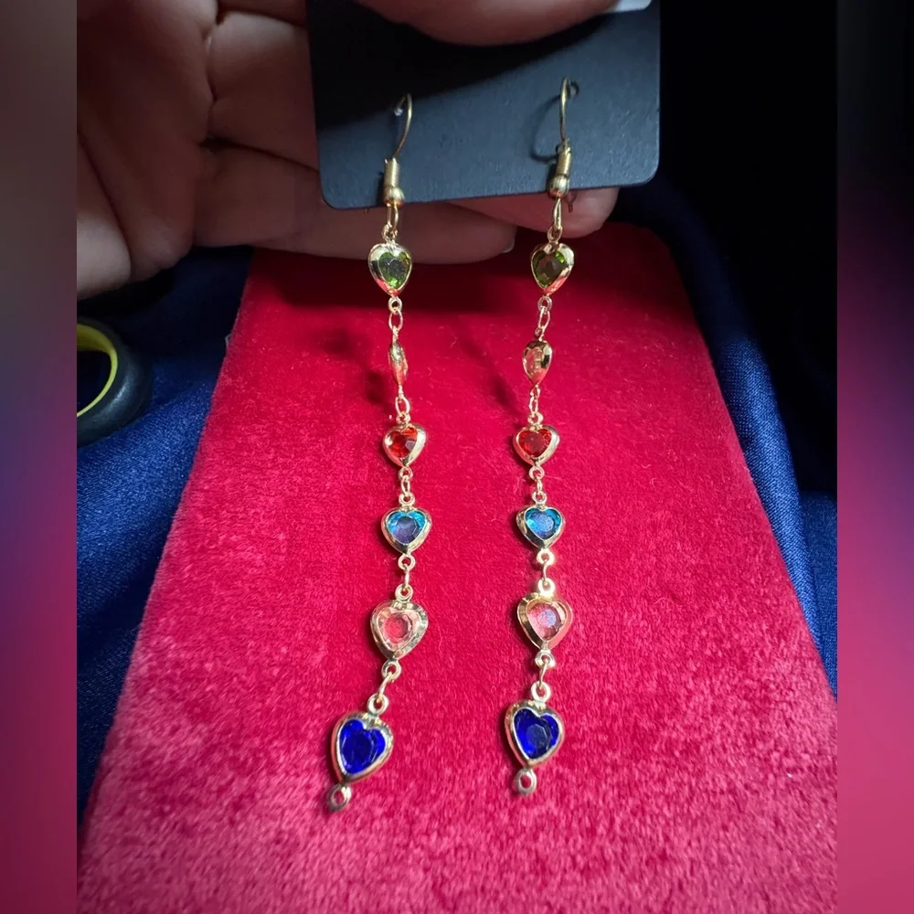 SOLD Earrings Gold Colorful Heart Drop Earrings Long Dangles - Picture 3 of 5
